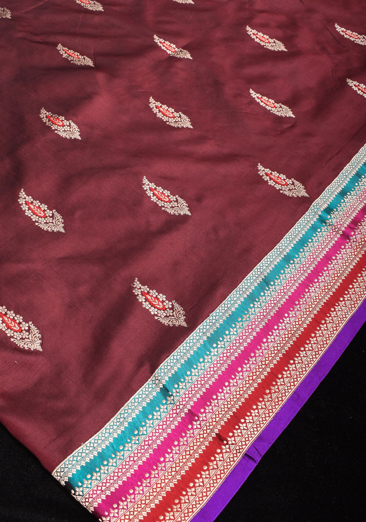 Multicolor Border Brown Pure Banarasi Katan Silk Saree with Meenakari Buttas | SILK MARK CERTIFIED