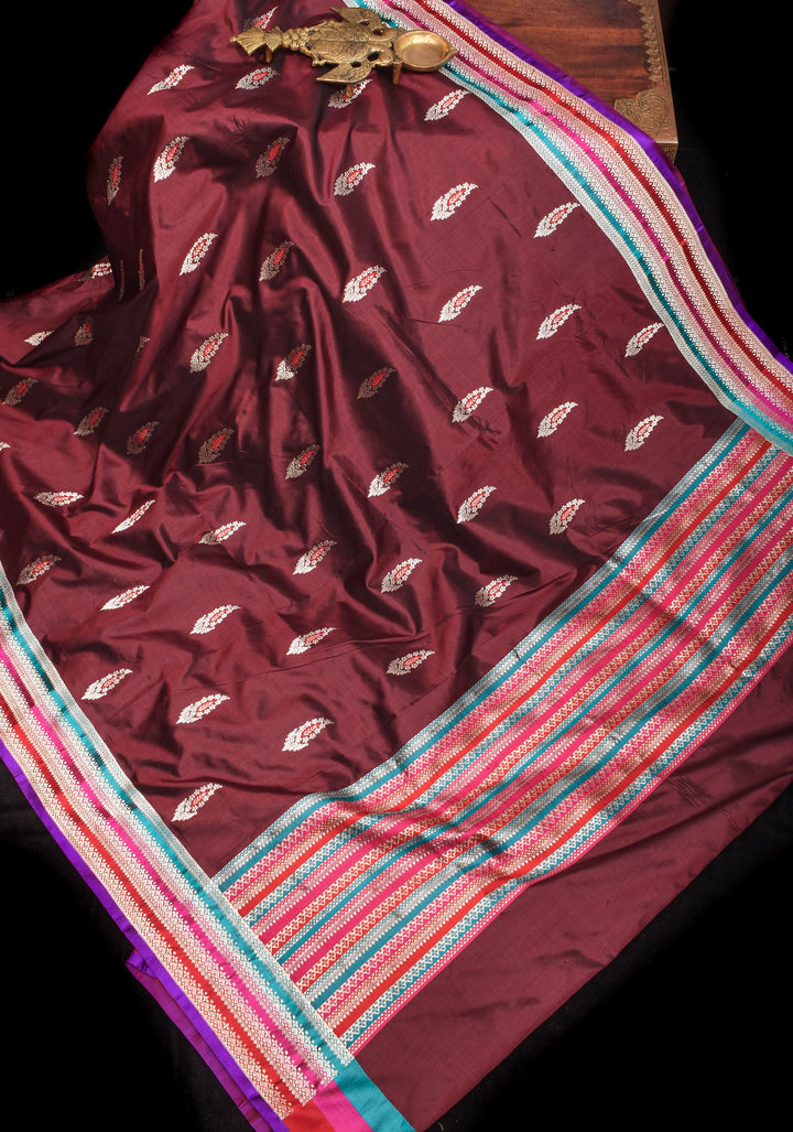 Multicolor Border Brown Pure Banarasi Katan Silk Saree with Meenakari Buttas | SILK MARK CERTIFIED