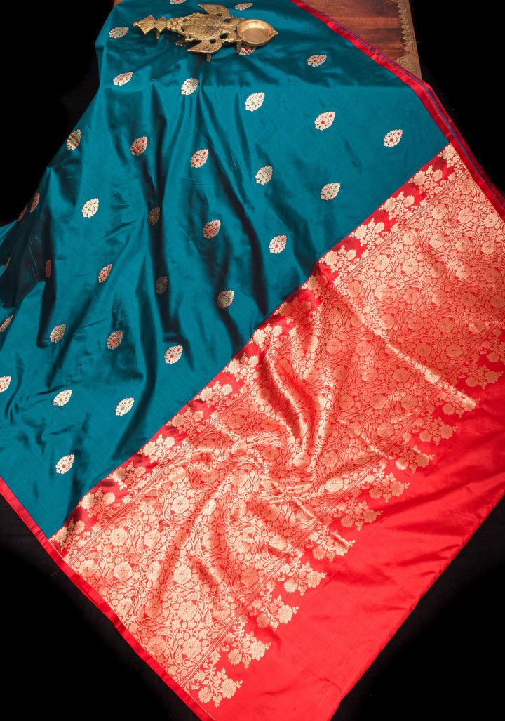 Prussian Blue Borderless Banarasi Katan Silk Saree with Meenakarai Buttas and Butti Blouse PIece | SILK MARK CERTIFIED