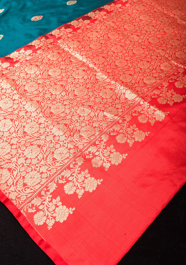 Prussian Blue Borderless Banarasi Katan Silk Saree with Meenakarai Buttas and Butti Blouse PIece | SILK MARK CERTIFIED