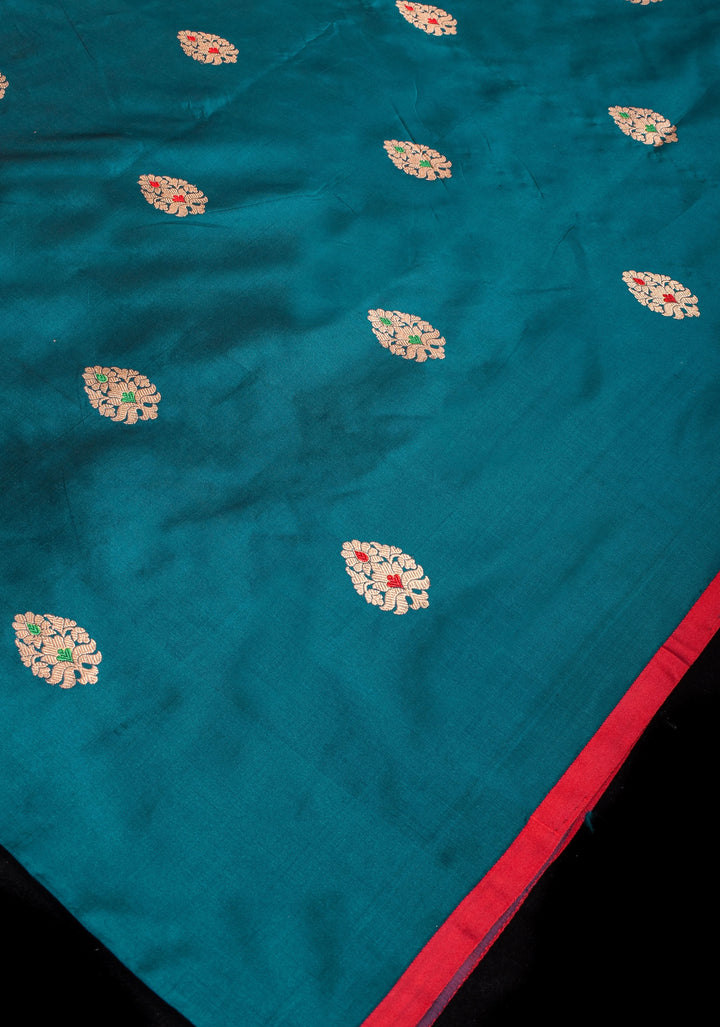 Prussian Blue Borderless Banarasi Katan Silk Saree with Meenakarai Buttas and Butti Blouse PIece | SILK MARK CERTIFIED