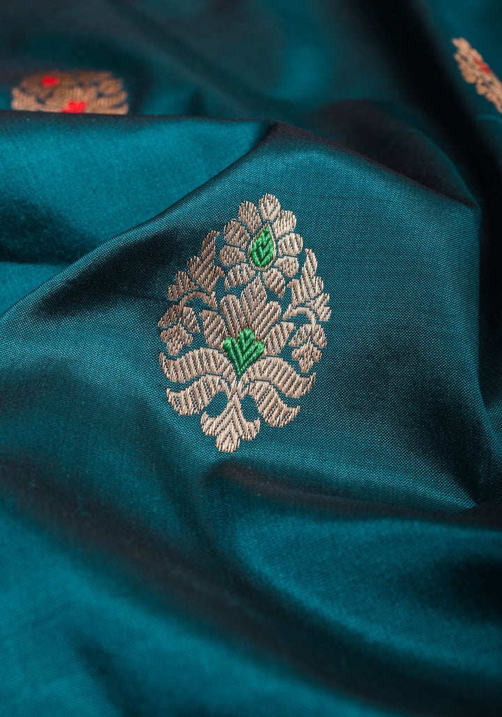 Prussian Blue Borderless Banarasi Katan Silk Saree with Meenakarai Buttas and Butti Blouse PIece | SILK MARK CERTIFIED
