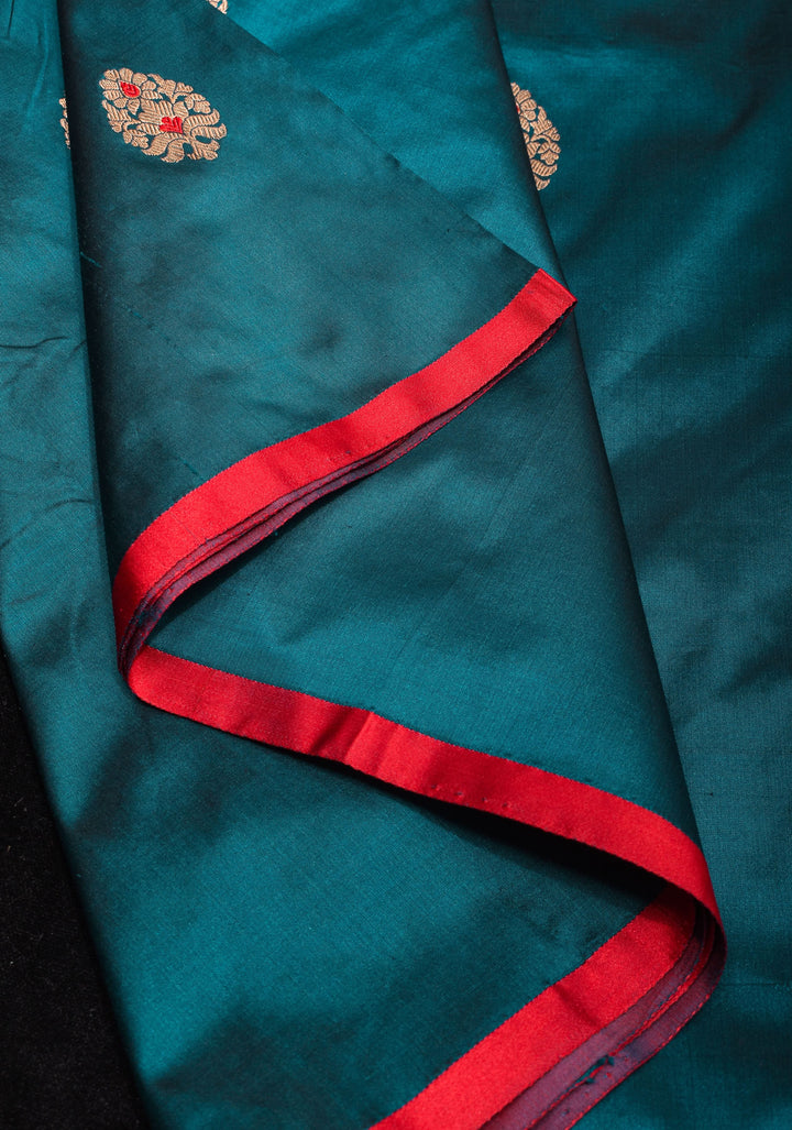 Prussian Blue Borderless Banarasi Katan Silk Saree with Meenakarai Buttas and Butti Blouse PIece | SILK MARK CERTIFIED