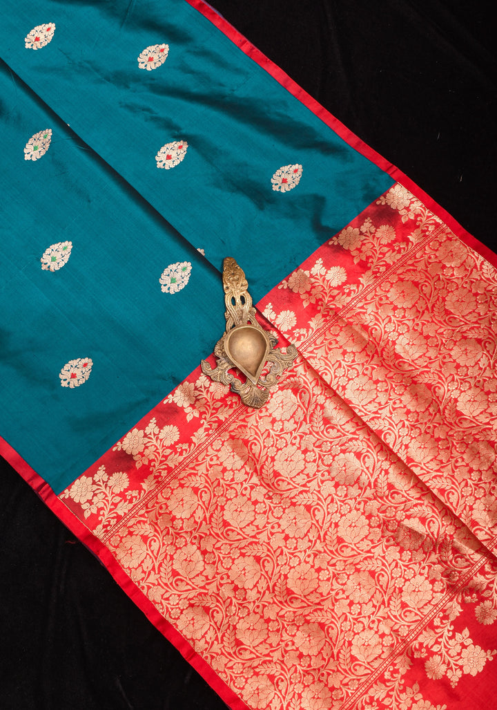 Prussian Blue Borderless Banarasi Katan Silk Saree with Meenakarai Buttas and Butti Blouse PIece | SILK MARK CERTIFIED