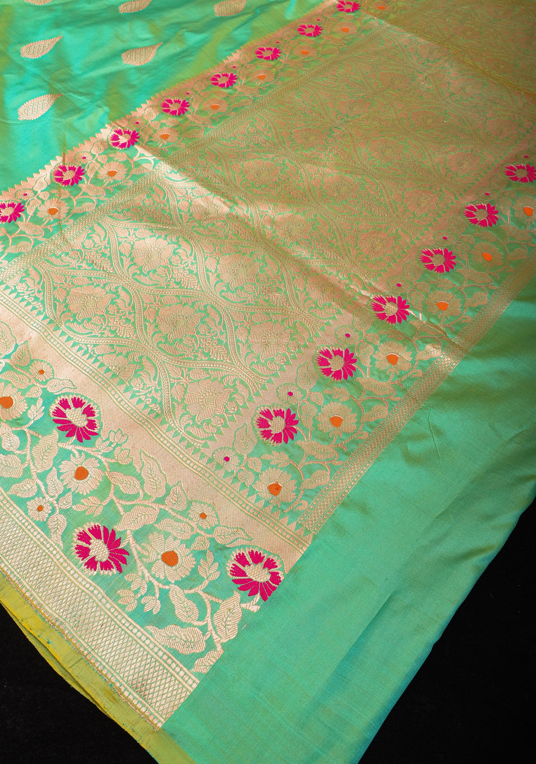 Seagreen Banarasi Katan Silk Saree with Zari Motifs and Meenaakari Border | SILK MARK CERTIFIED