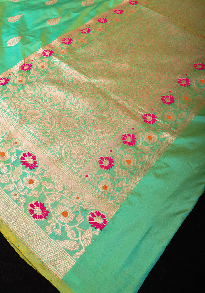 Seagreen Banarasi Katan Silk Saree with Zari Motifs and Meenaakari Border | SILK MARK CERTIFIED