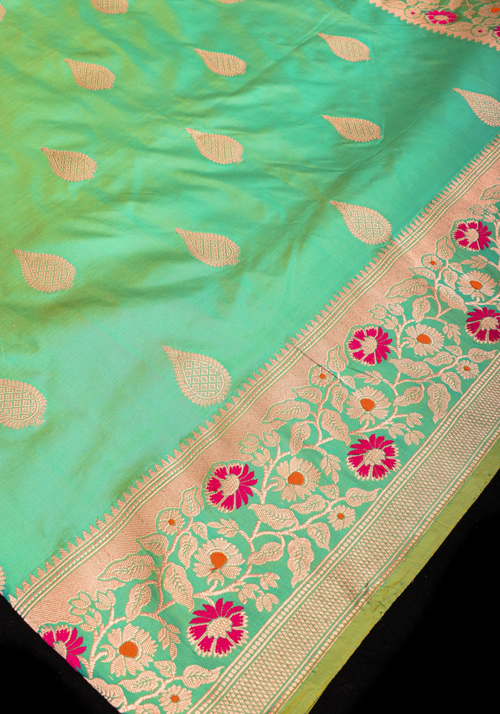Seagreen Banarasi Katan Silk Saree with Zari Motifs and Meenaakari Border | SILK MARK CERTIFIED
