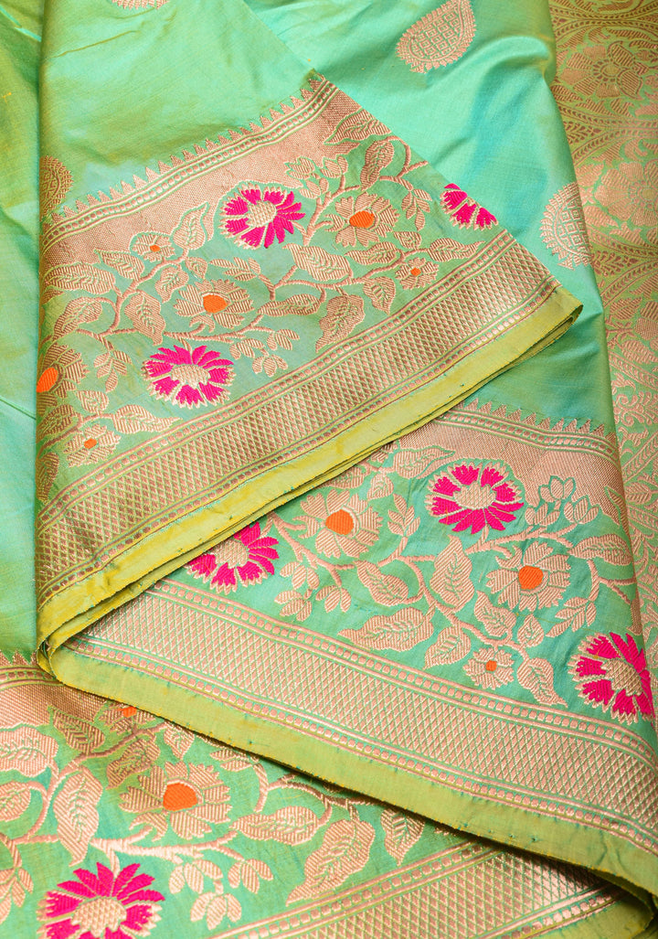 Seagreen Banarasi Katan Silk Saree with Zari Motifs and Meenaakari Border | SILK MARK CERTIFIED