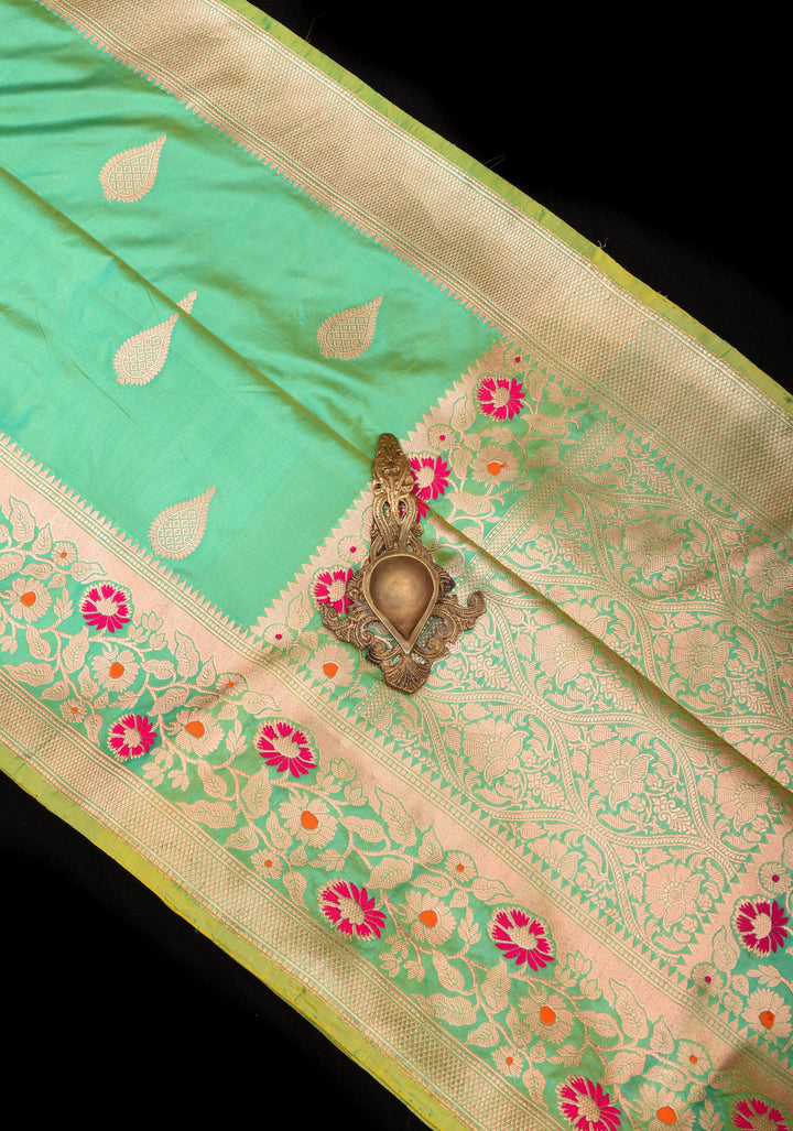 Seagreen Banarasi Katan Silk Saree with Zari Motifs and Meenaakari Border | SILK MARK CERTIFIED