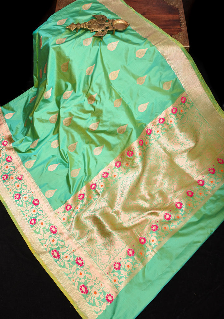 Seagreen Banarasi Katan Silk Saree with Zari Motifs and Meenaakari Border | SILK MARK CERTIFIED