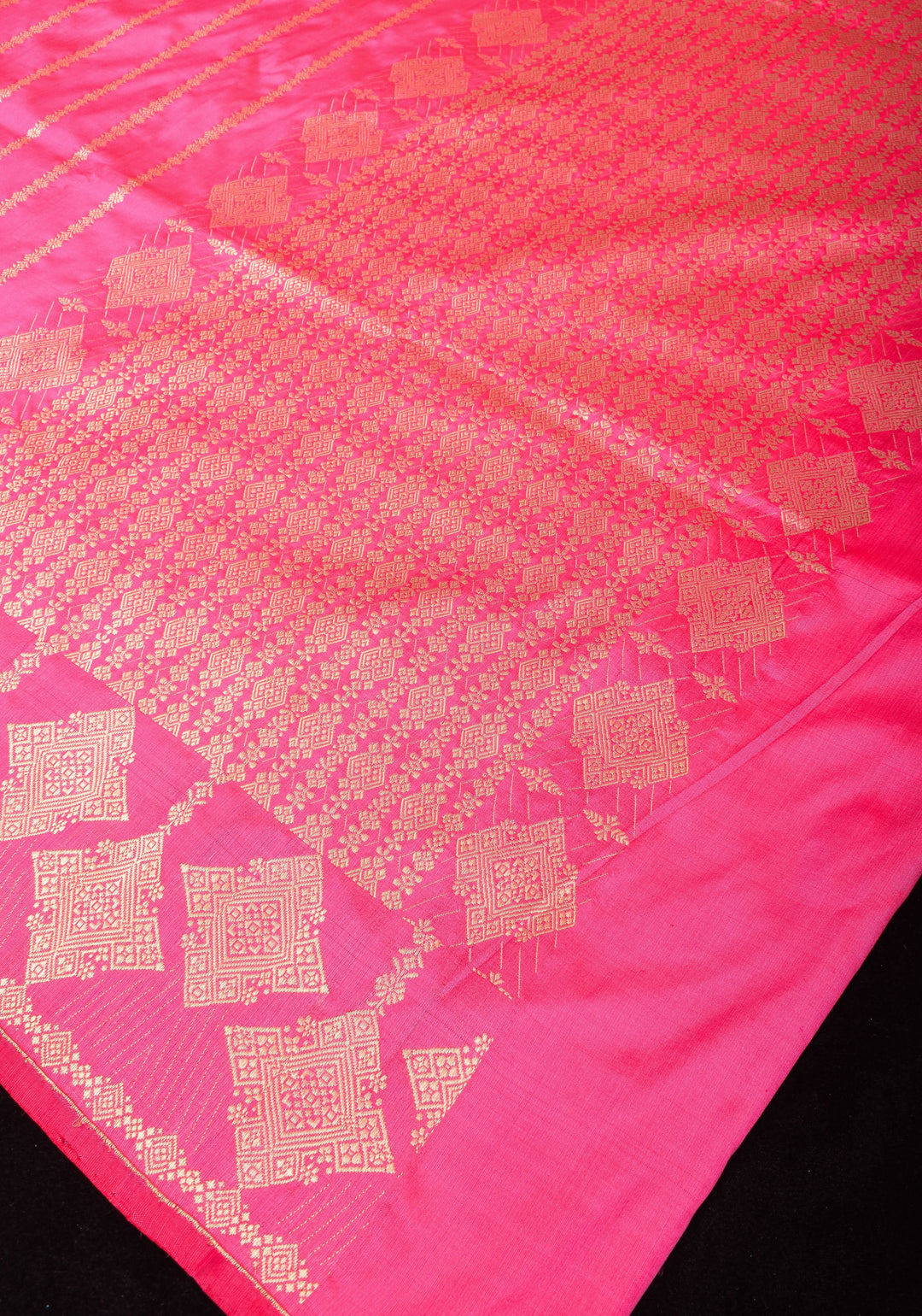 Candy Pink Tone Banarasi Katan Silk with Zari Stripe and Geometric design on Border | SILK MARK CERTIFIED