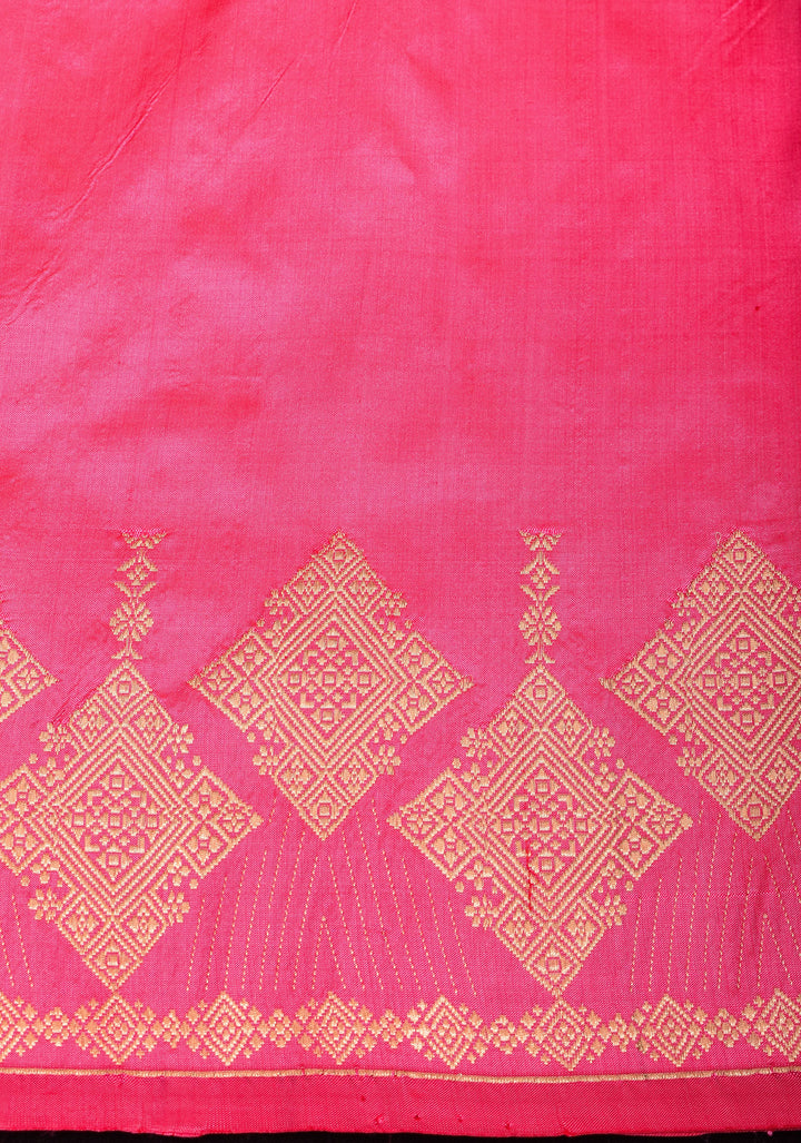 Candy Pink Tone Banarasi Katan Silk with Zari Stripe and Geometric design on Border | SILK MARK CERTIFIED