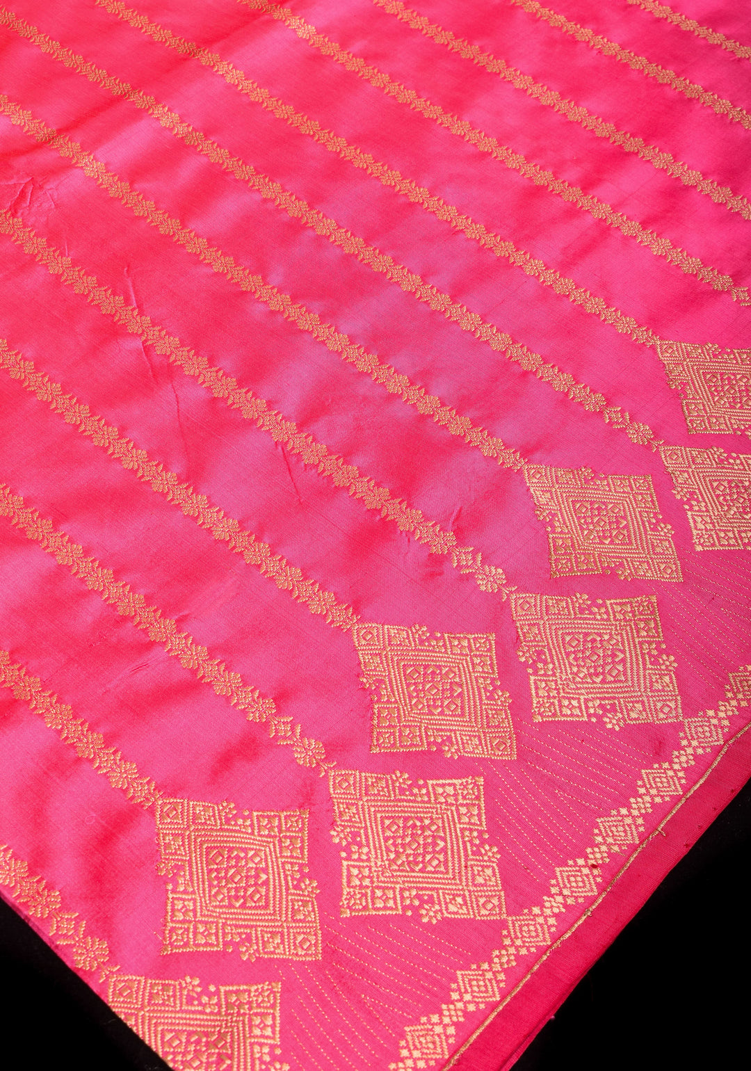 Candy Pink Tone Banarasi Katan Silk with Zari Stripe and Geometric design on Border | SILK MARK CERTIFIED