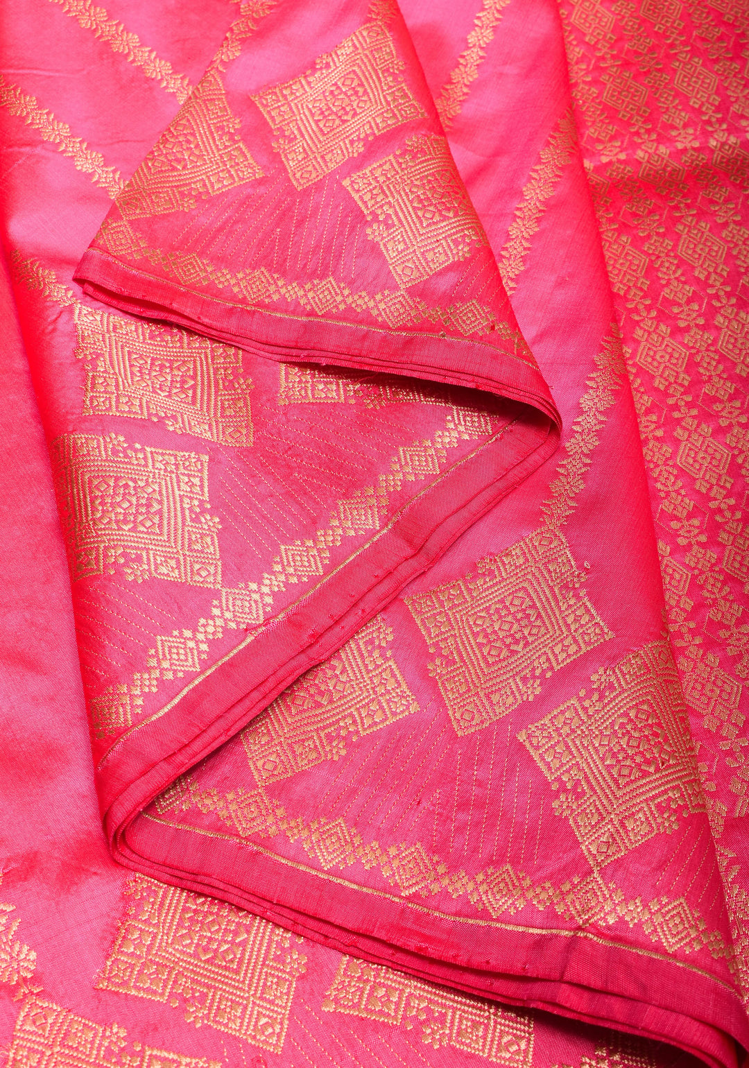Candy Pink Tone Banarasi Katan Silk with Zari Stripe and Geometric design on Border | SILK MARK CERTIFIED