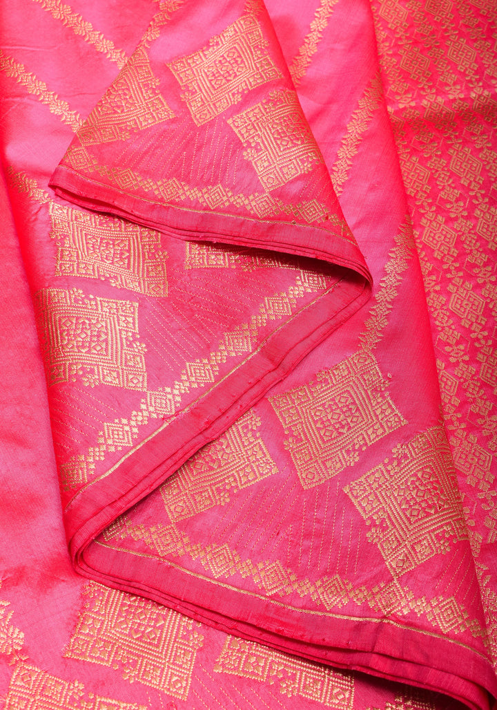 Candy Pink Tone Banarasi Katan Silk with Zari Stripe and Geometric design on Border | SILK MARK CERTIFIED