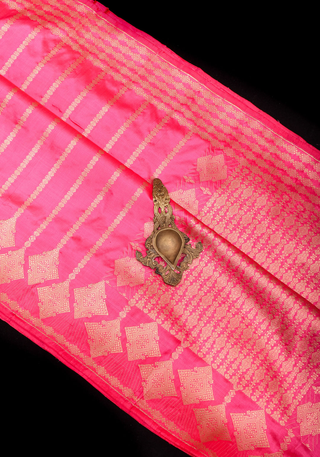 Candy Pink Tone Banarasi Katan Silk with Zari Stripe and Geometric design on Border | SILK MARK CERTIFIED