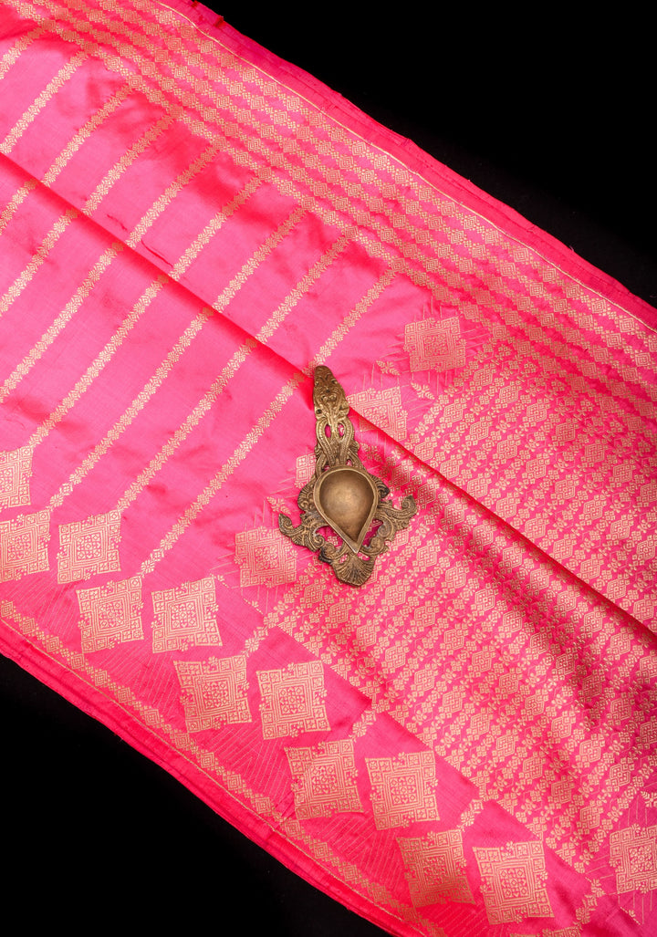 Candy Pink Tone Banarasi Katan Silk with Zari Stripe and Geometric design on Border | SILK MARK CERTIFIED