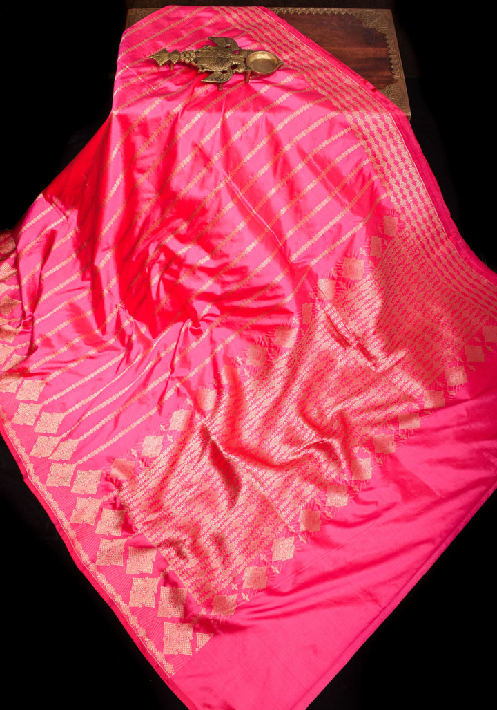 Candy Pink Tone Banarasi Katan Silk with Zari Stripe and Geometric design on Border | SILK MARK CERTIFIED