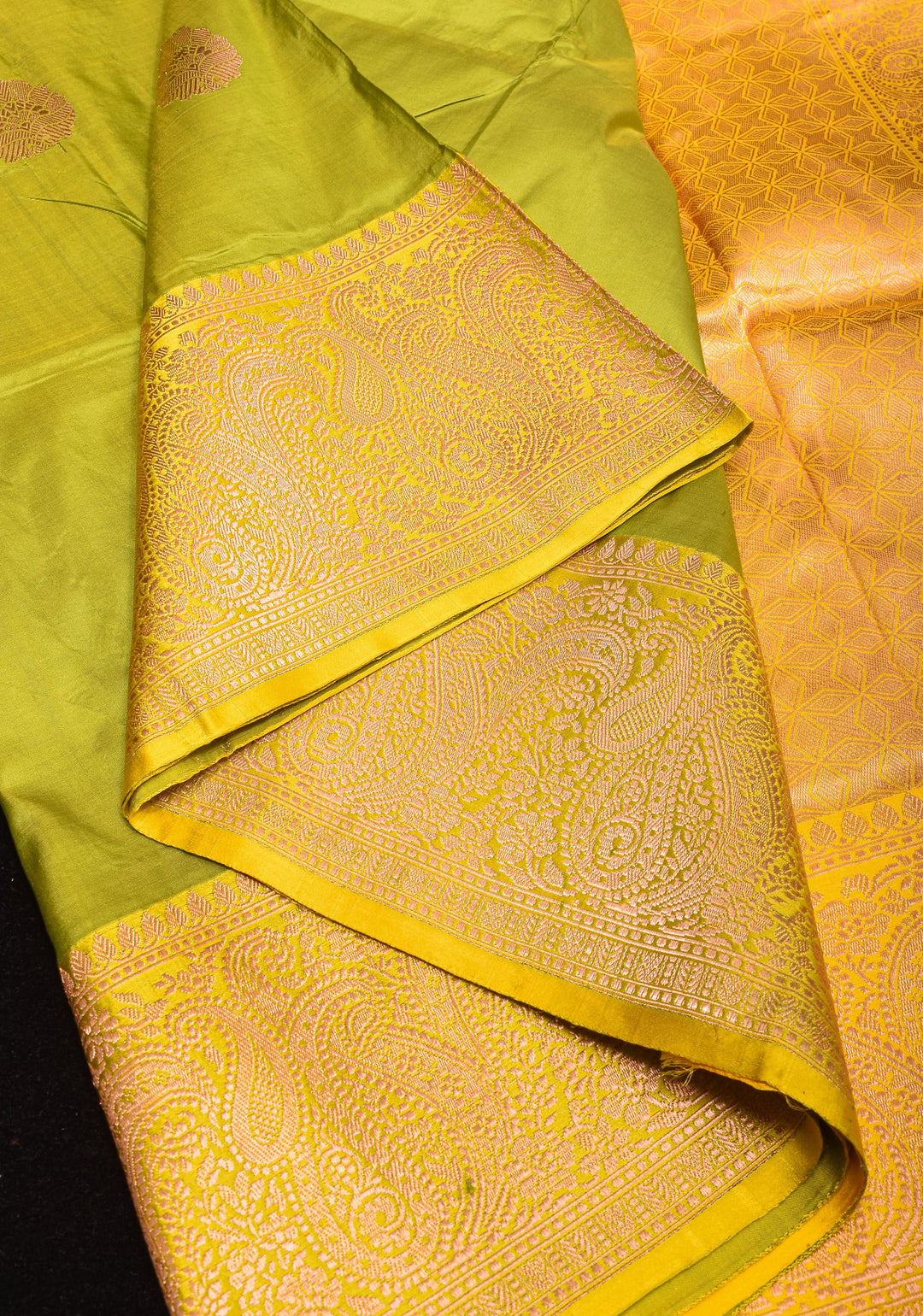 Moss Green Banarasi Katan Silk Saree with Floral buttas and Lemon Border | SILK MARK CERTIFIED