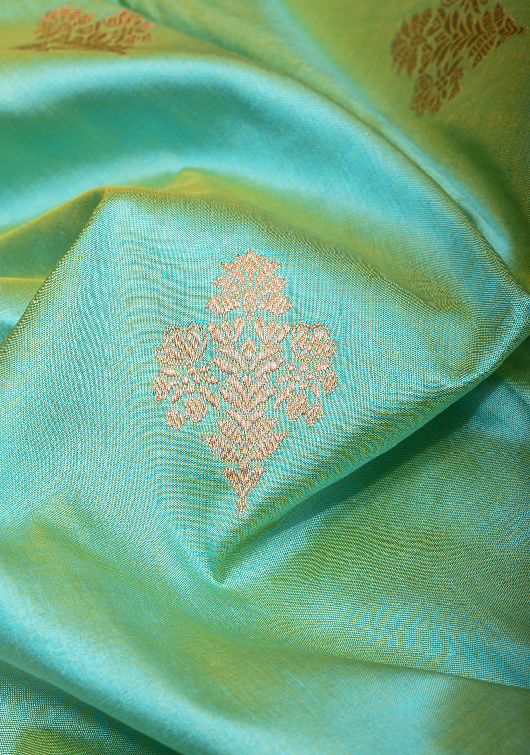 Mint Banarasi Katan Silk Saree with Floral buttas and contrast Gray Border | SILK MARK CERTIFIED
