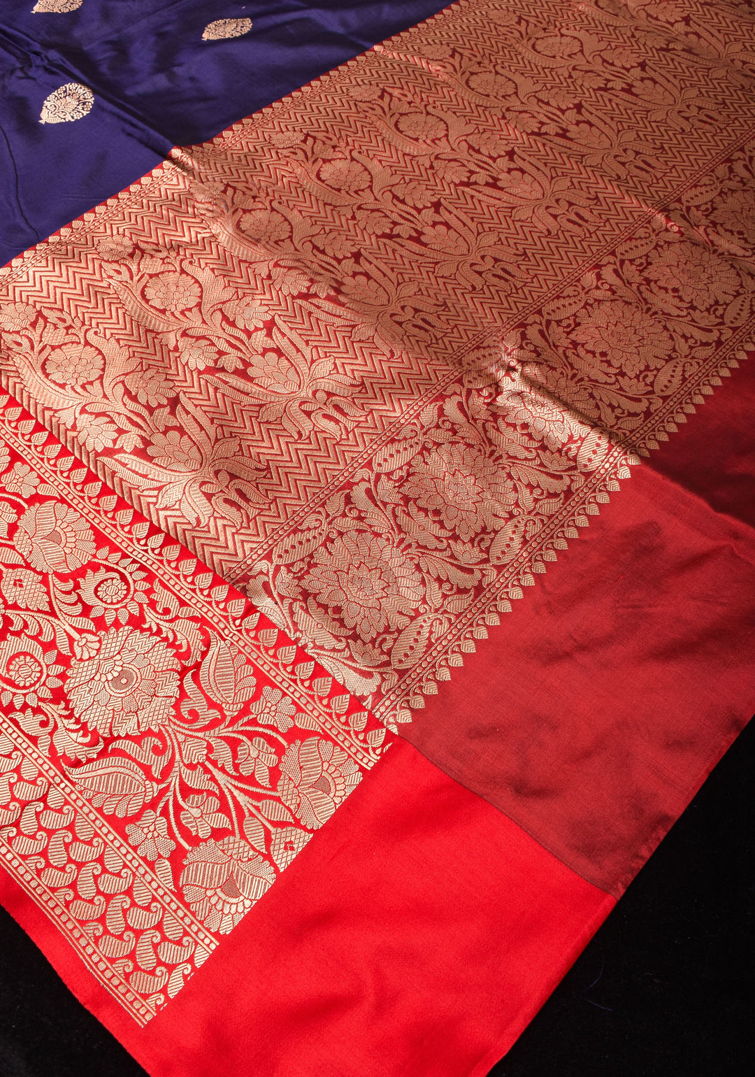 Navy Banarasi Katan Silk Saree with Damask buttas and red contrast Border | SILK MARK CERTIFIED