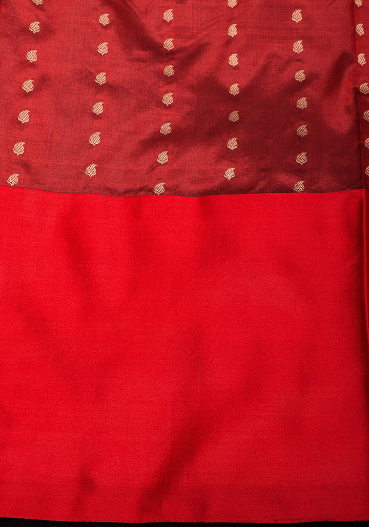 Navy Banarasi Katan Silk Saree with Damask buttas and red contrast Border | SILK MARK CERTIFIED