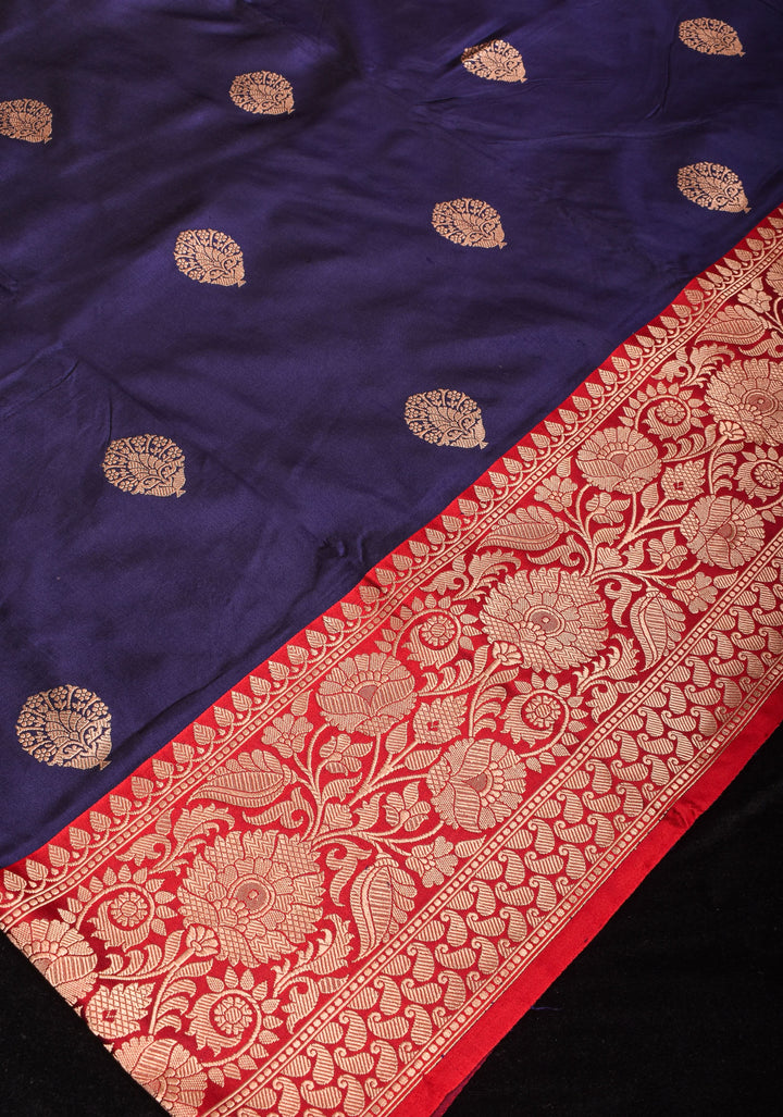 Navy Banarasi Katan Silk Saree with Damask buttas and red contrast Border | SILK MARK CERTIFIED