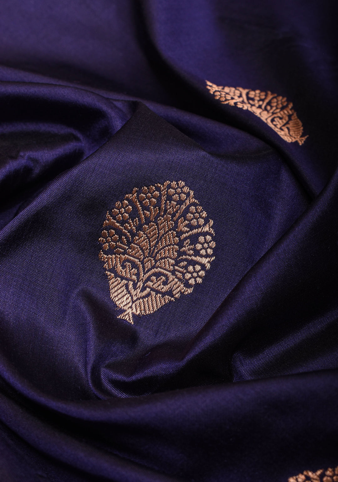 Navy Banarasi Katan Silk Saree with Damask buttas and red contrast Border | SILK MARK CERTIFIED