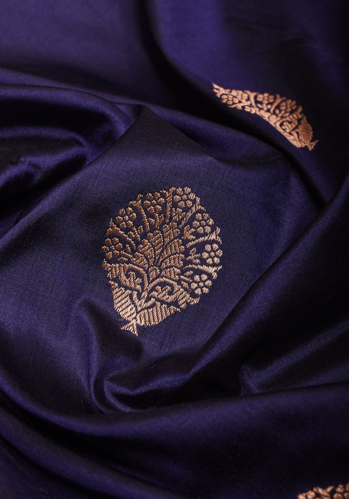 Navy Banarasi Katan Silk Saree with Damask buttas and red contrast Border | SILK MARK CERTIFIED