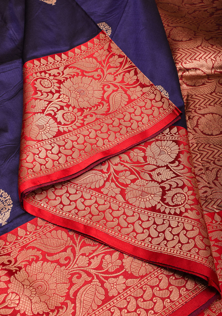 Navy Banarasi Katan Silk Saree with Damask buttas and red contrast Border | SILK MARK CERTIFIED