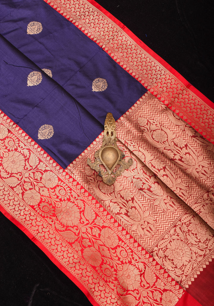 Navy Banarasi Katan Silk Saree with Damask buttas and red contrast Border | SILK MARK CERTIFIED