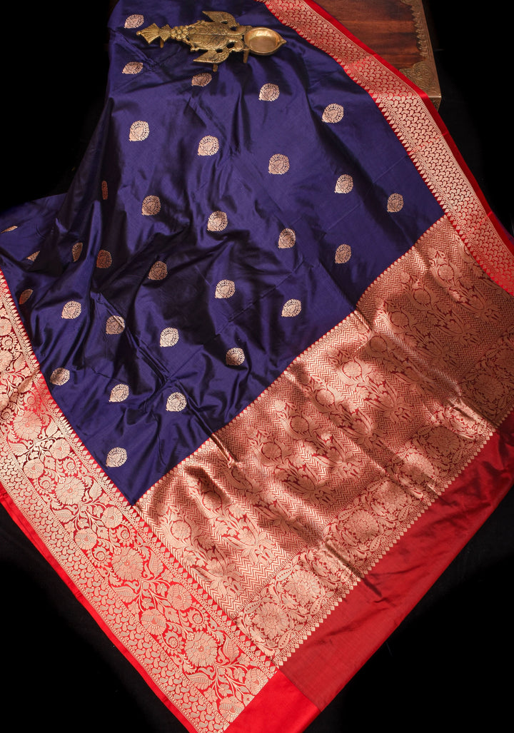 Navy Banarasi Katan Silk Saree with Damask buttas and red contrast Border | SILK MARK CERTIFIED