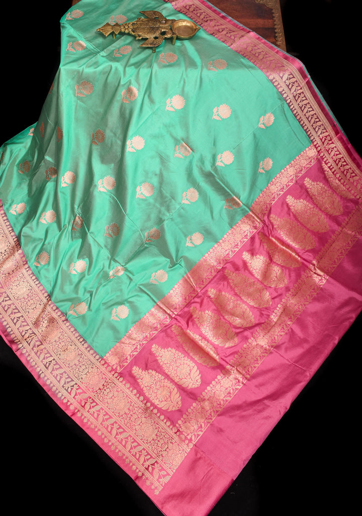 Green Dual tone Banarasi Pure Katan Silk Saree with Floral Buttas and Pink Borders | SILK MARK CERTIFIED