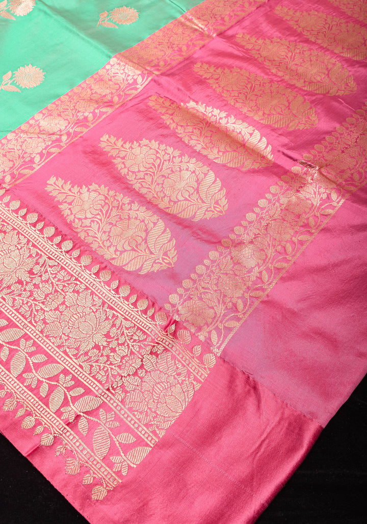 Green Dual tone Banarasi Pure Katan Silk Saree with Floral Buttas and Pink Borders | SILK MARK CERTIFIED