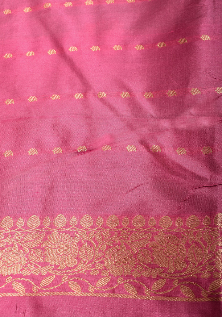 Green Dual tone Banarasi Pure Katan Silk Saree with Floral Buttas and Pink Borders | SILK MARK CERTIFIED