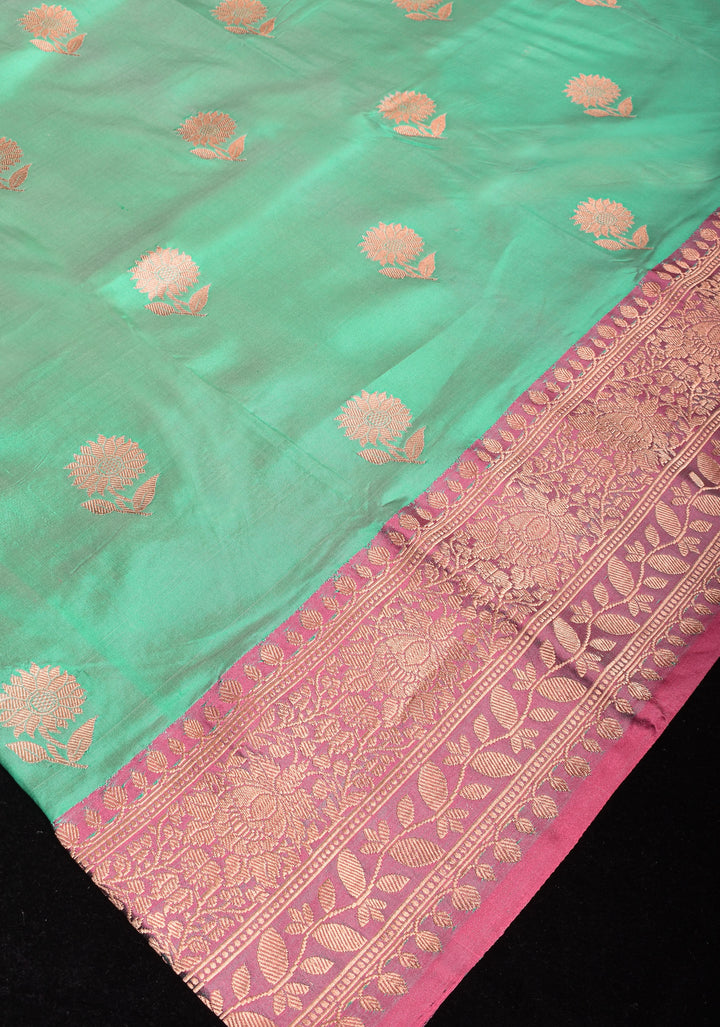 Green Dual tone Banarasi Pure Katan Silk Saree with Floral Buttas and Pink Borders | SILK MARK CERTIFIED