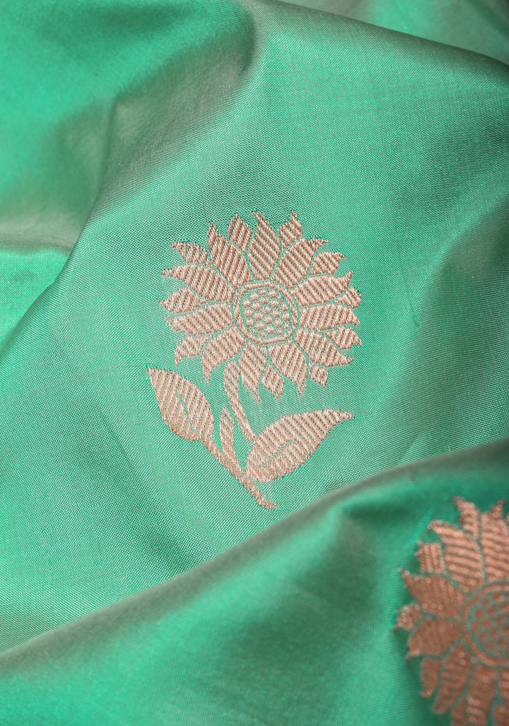 Green Dual tone Banarasi Pure Katan Silk Saree with Floral Buttas and Pink Borders | SILK MARK CERTIFIED