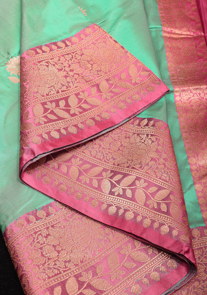 Green Dual tone Banarasi Pure Katan Silk Saree with Floral Buttas and Pink Borders | SILK MARK CERTIFIED