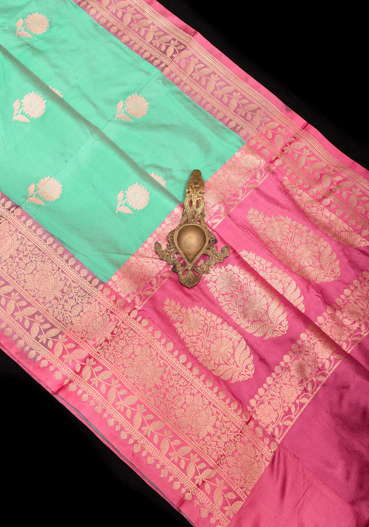 Green Dual tone Banarasi Pure Katan Silk Saree with Floral Buttas and Pink Borders | SILK MARK CERTIFIED