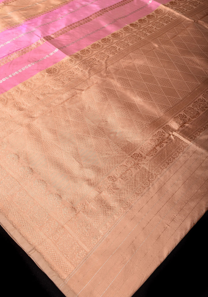 Pastel Tricolor Banarasi Katan Silk Saree with zari stripes and Scallop border | SILK MARK CERTIFIED