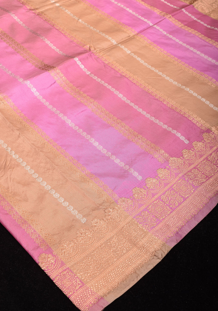 Pastel Tricolor Banarasi Katan Silk Saree with zari stripes and Scallop border | SILK MARK CERTIFIED