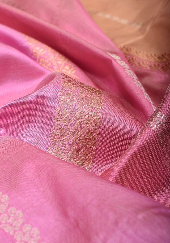 Pastel Tricolor Banarasi Katan Silk Saree with zari stripes and Scallop border | SILK MARK CERTIFIED