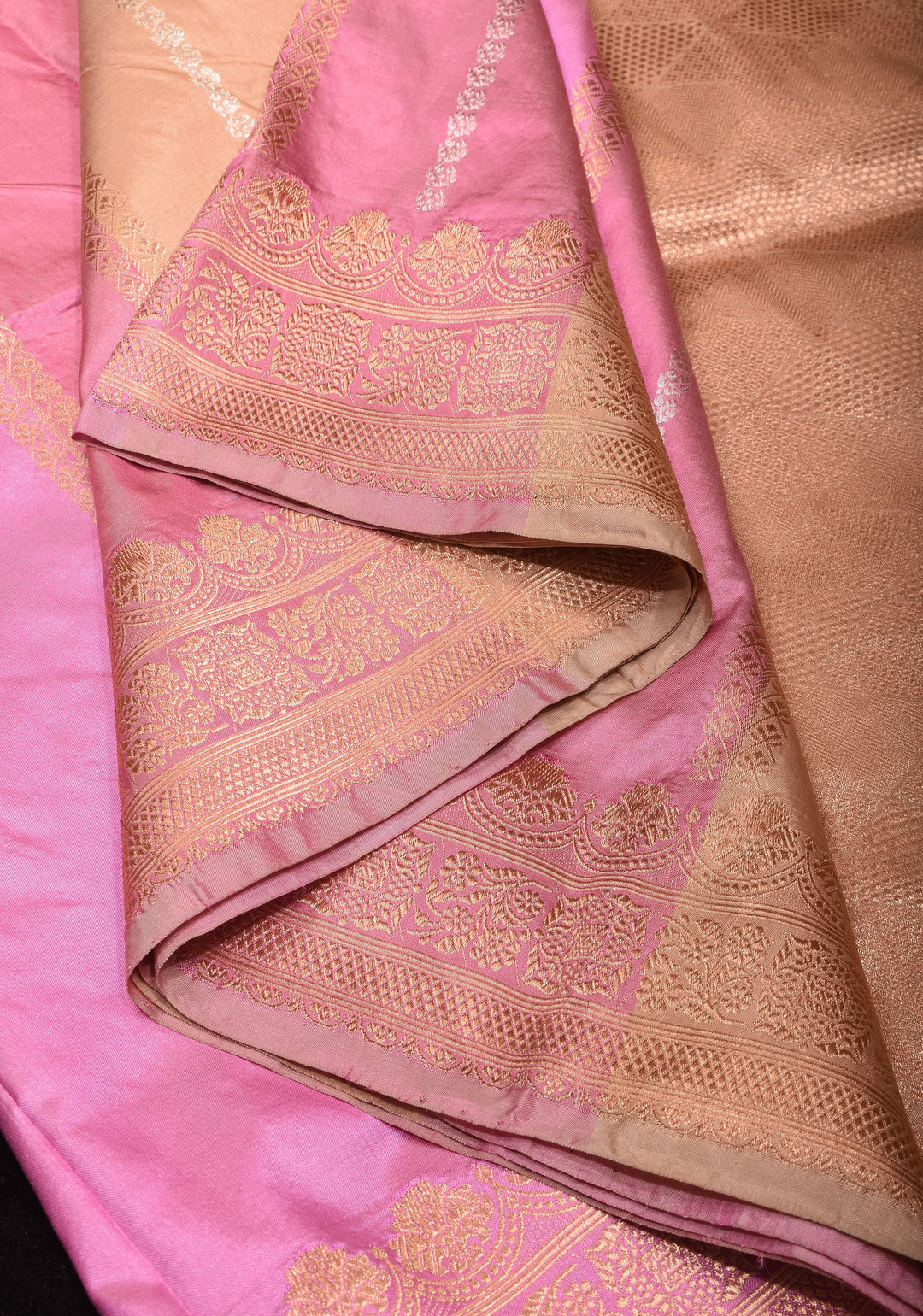 Pastel Tricolor Banarasi Katan Silk Saree with zari stripes and Scallop border | SILK MARK CERTIFIED
