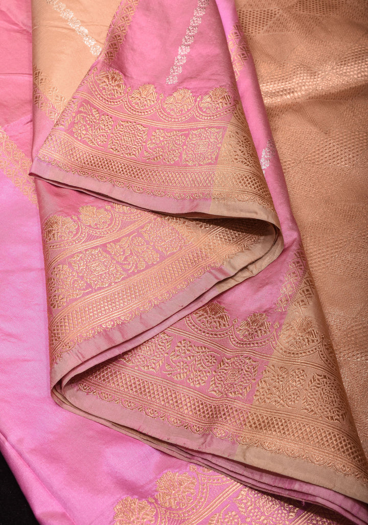 Pastel Tricolor Banarasi Katan Silk Saree with zari stripes and Scallop border | SILK MARK CERTIFIED