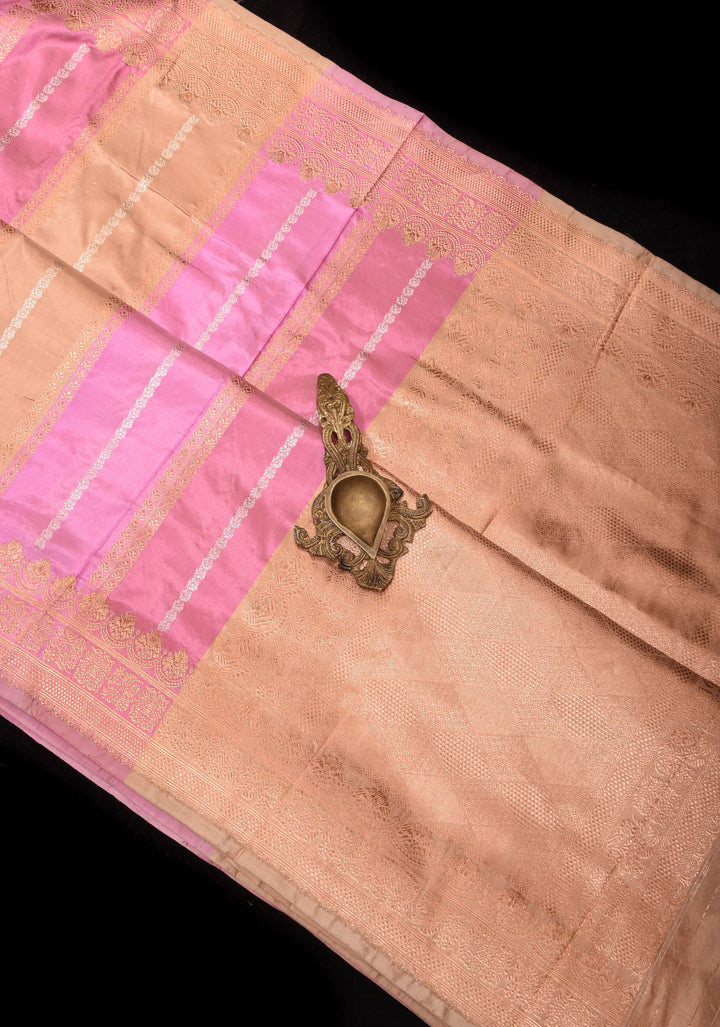 Pastel Tricolor Banarasi Katan Silk Saree with zari stripes and Scallop border | SILK MARK CERTIFIED