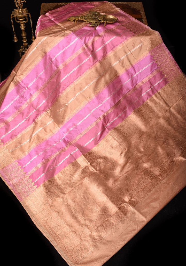 Pastel Tricolor Banarasi Katan Silk Saree with zari stripes and Scallop border | SILK MARK CERTIFIED