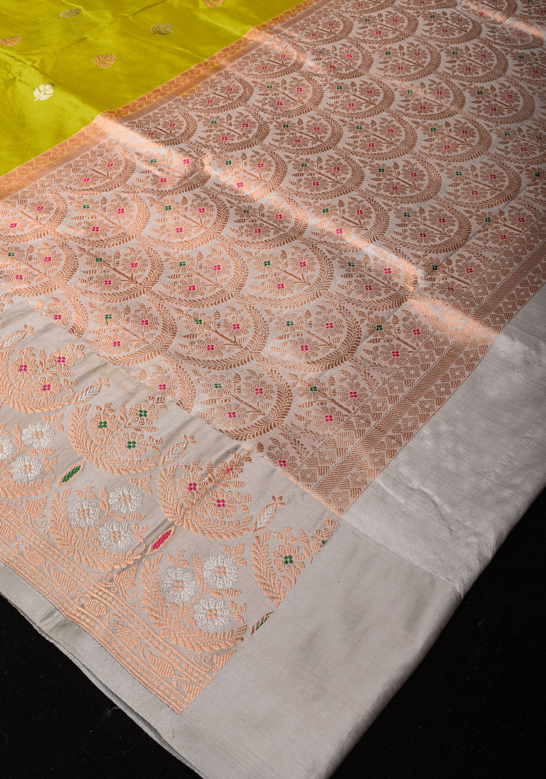 Chartreuse Stunning Pure Katan Silk Banarasi Saree with Two Layer scallop Meenakari  Border | SILK MARK CERTIFIED