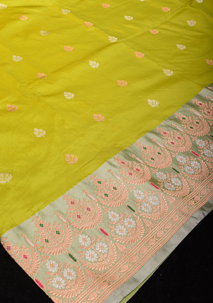 Chartreuse Stunning Pure Katan Silk Banarasi Saree with Two Layer scallop Meenakari  Border | SILK MARK CERTIFIED