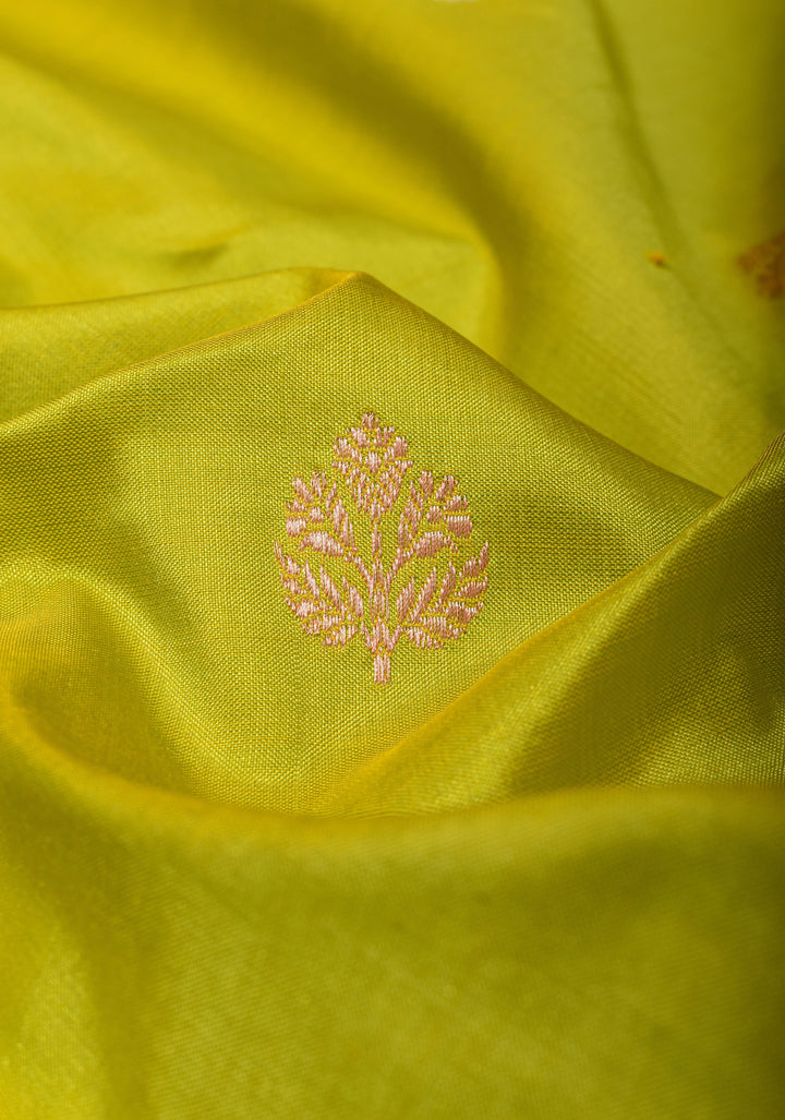 Chartreuse Stunning Pure Katan Silk Banarasi Saree with Two Layer scallop Meenakari  Border | SILK MARK CERTIFIED