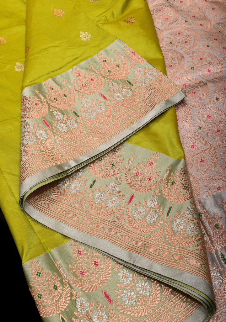 Chartreuse Stunning Pure Katan Silk Banarasi Saree with Two Layer scallop Meenakari  Border | SILK MARK CERTIFIED